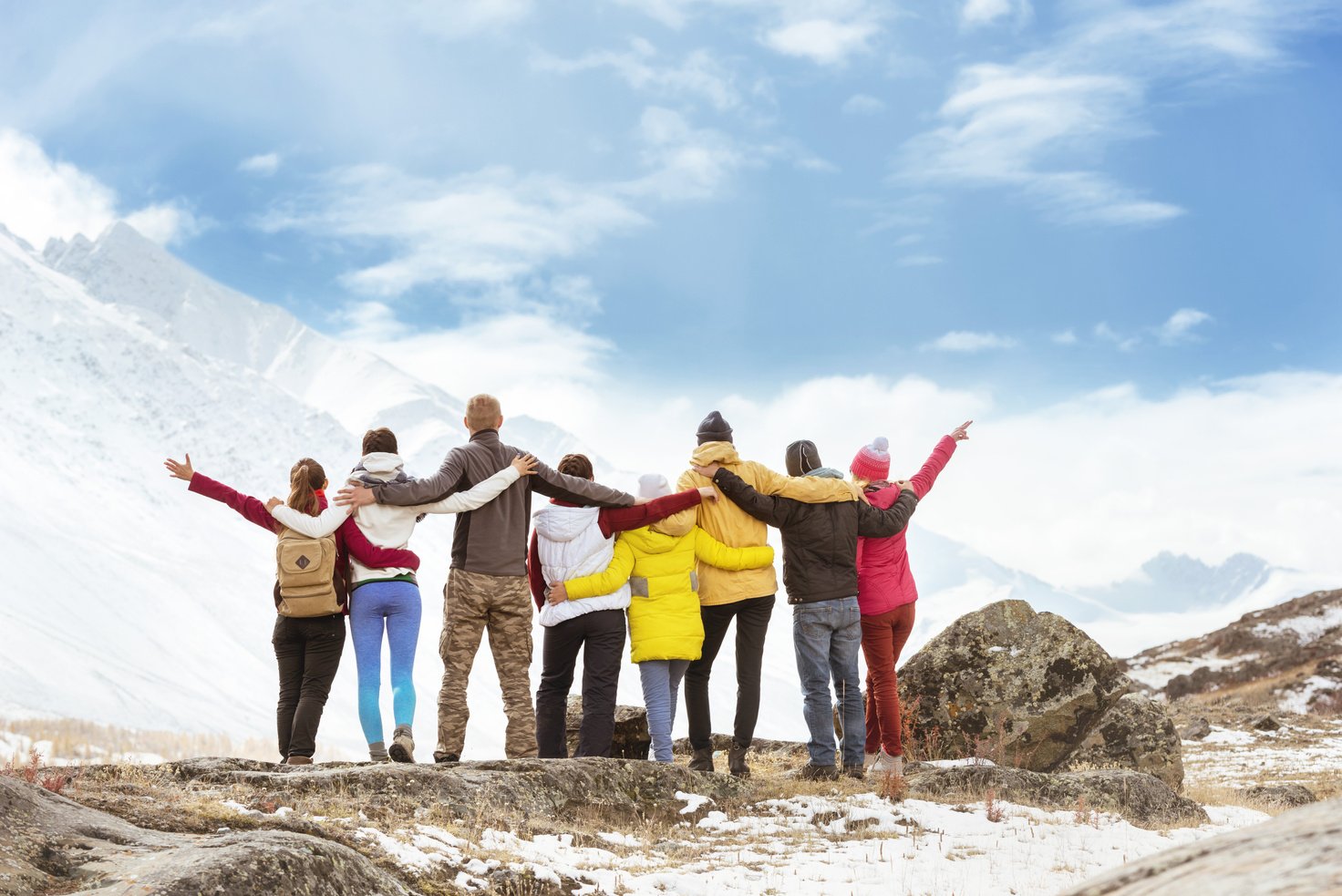 Big group happy friends mountains travel